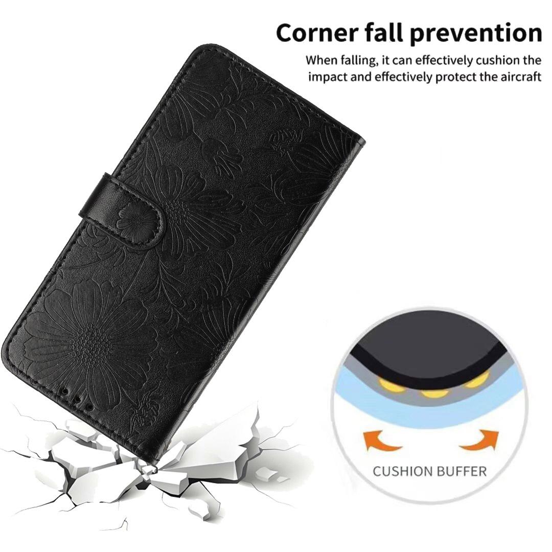 For iPhone 18 Pro Sunflower Embossed Vegan Leather Phone Case with Small Black Rope - Black - EDA009154126E