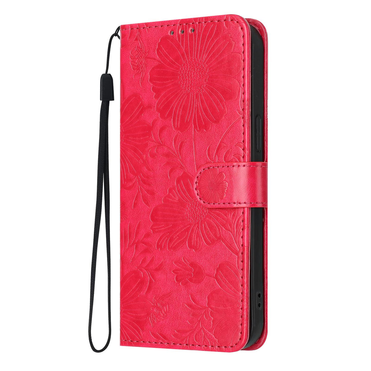 For iPhone 18 Pro Sunflower Embossed Vegan Leather Phone Case with Small Black Rope - Red - EDA009154126F