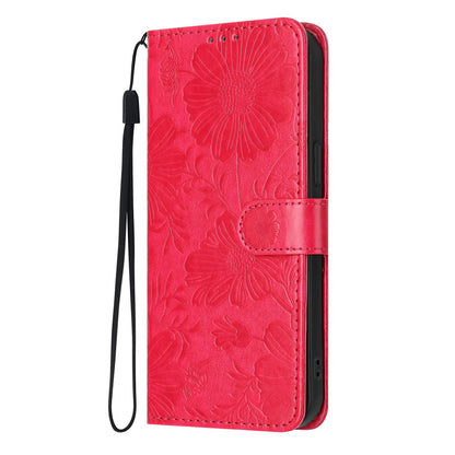 For iPhone 18 Pro Sunflower Embossed Vegan Leather Phone Case with Small Black Rope - Red - EDA009154126F