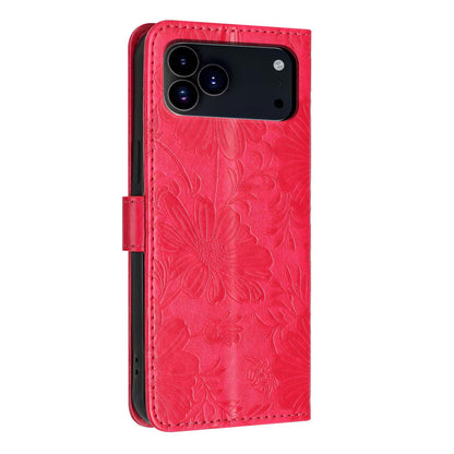 For iPhone 18 Pro Sunflower Embossed Vegan Leather Phone Case with Small Black Rope - Red - EDA009154126F