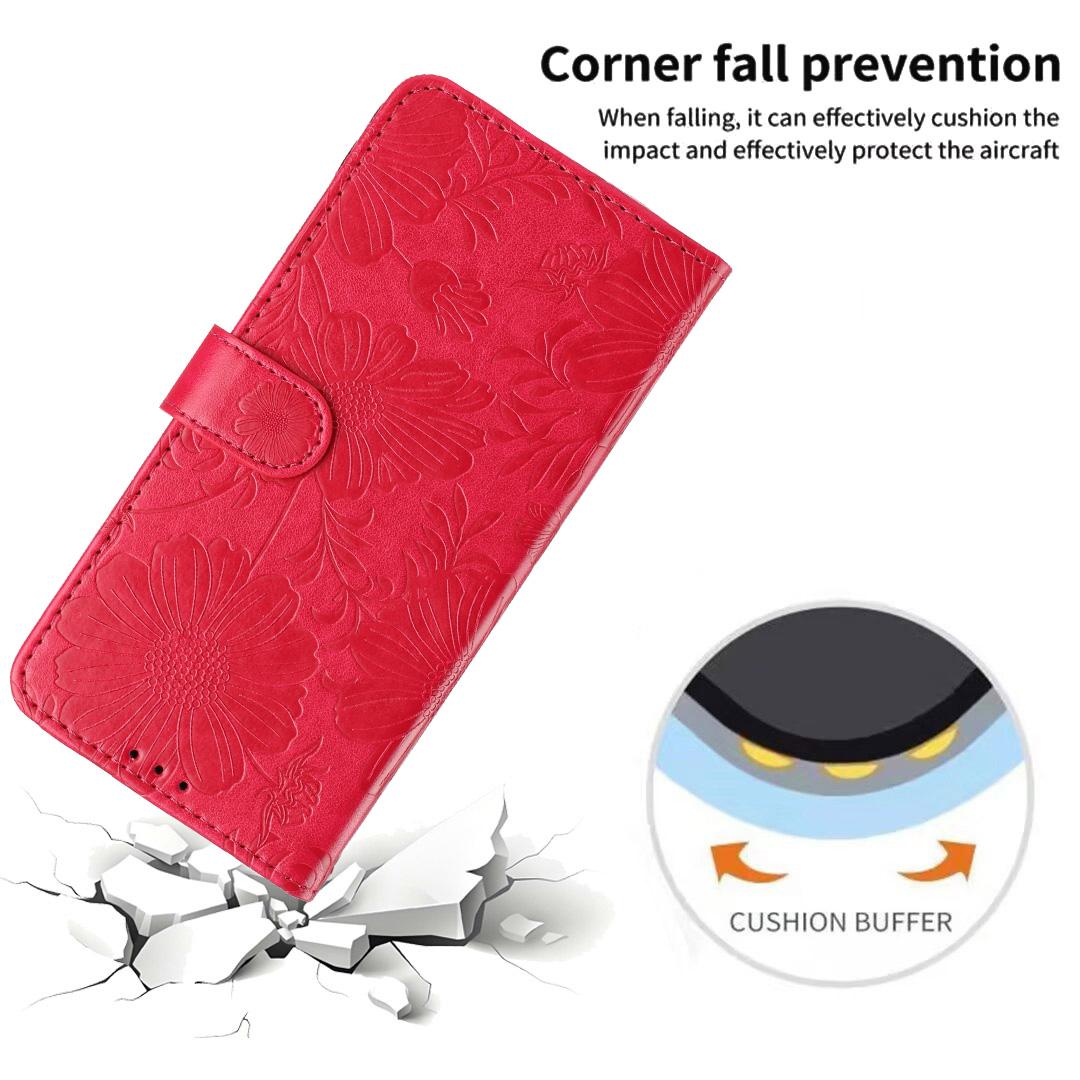 For iPhone 18 Pro Sunflower Embossed Vegan Leather Phone Case with Small Black Rope - Red - EDA009154126F