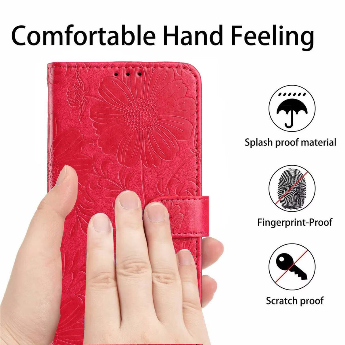 For iPhone 18 Pro Sunflower Embossed Vegan Leather Phone Case with Small Black Rope - Red - EDA009154126F