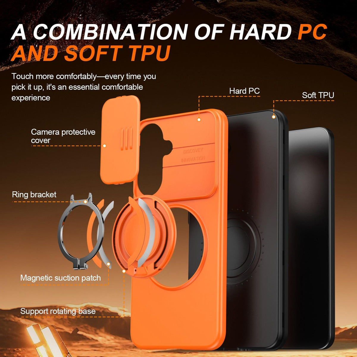 For Galaxy S25 FE 5G Camera Sliding Shield Magnetic Rotation Holder Phone Case - Orange - EDA009158610C