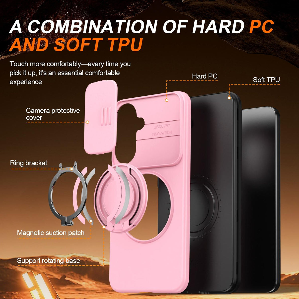 For Galaxy S25 FE 5G Camera Sliding Shield Magnetic Rotation Holder Phone Case - Pink - EDA009158610E