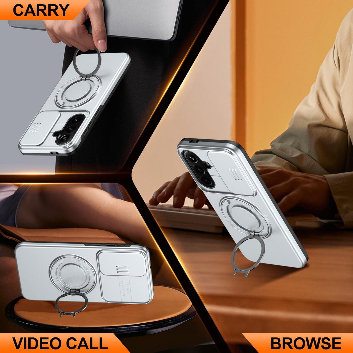 For Galaxy S25 FE 5G Camera Sliding Shield Magnetic Rotation Holder Phone Case - Silver - EDA009158610G