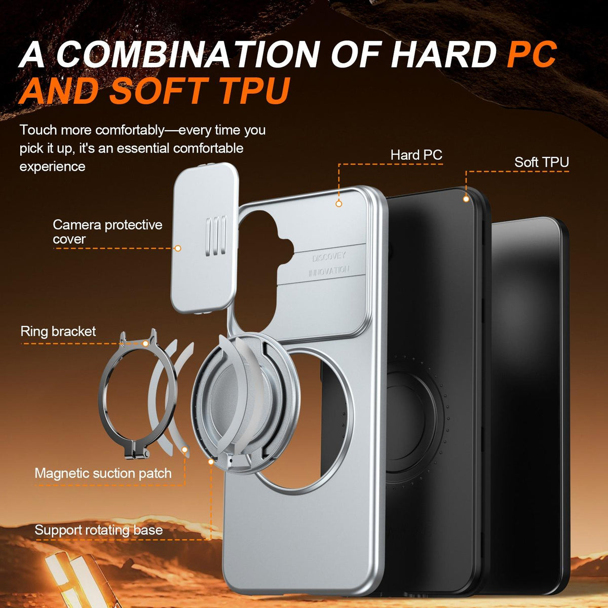 For Galaxy S25 FE 5G Camera Sliding Shield Magnetic Rotation Holder Phone Case - Silver - EDA009158610G