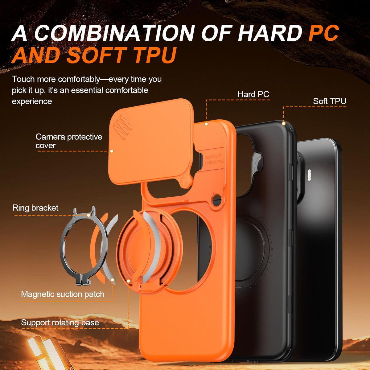 For Xiaomi 17T Pro 5G Camera Sliding Shield Magnetic Rotation Holder Phone Case - Orange - EDA009159403C