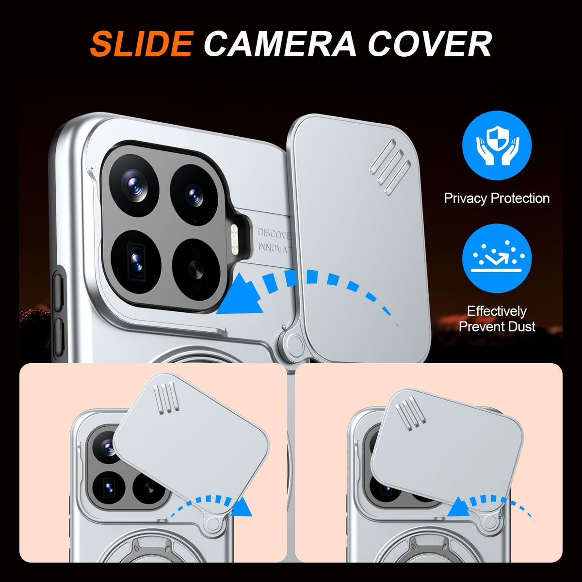 For Xiaomi 17T Pro 5G Camera Sliding Shield Magnetic Rotation Holder Phone Case - Silver - EDA009159403G