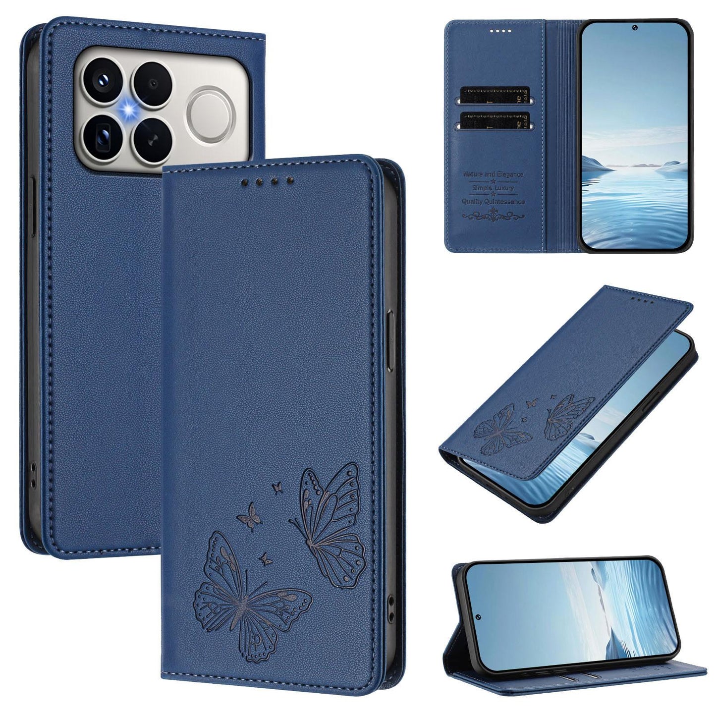 For Xiaomi Poco F8 Ultra 5G / Redmi K90 Pro Max Strong Magnetic Dual Butterfly RFID Vegan Leather Phone Case(Dark Blue)