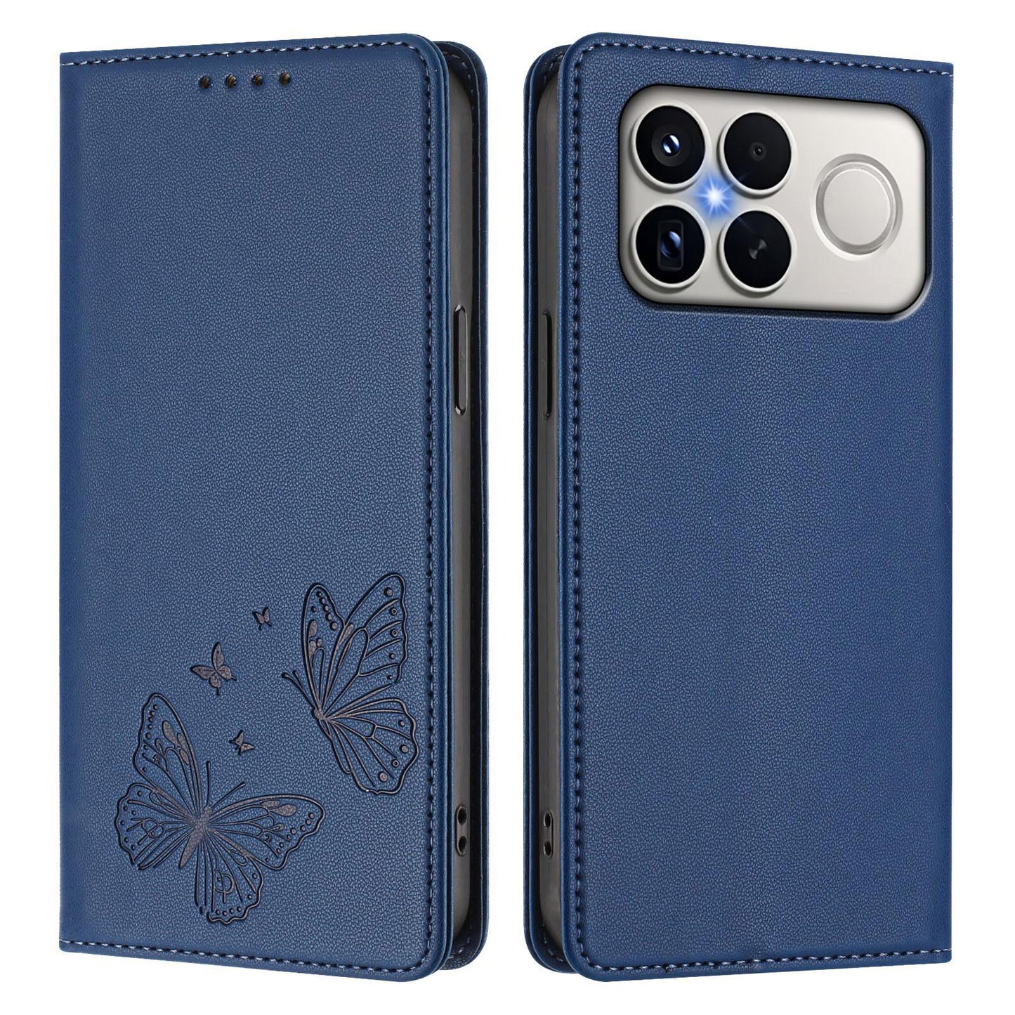 For Xiaomi Poco F8 Ultra 5G / Redmi K90 Pro Max Strong Magnetic Dual Butterfly RFID Vegan Leather Phone Case(Dark Blue)