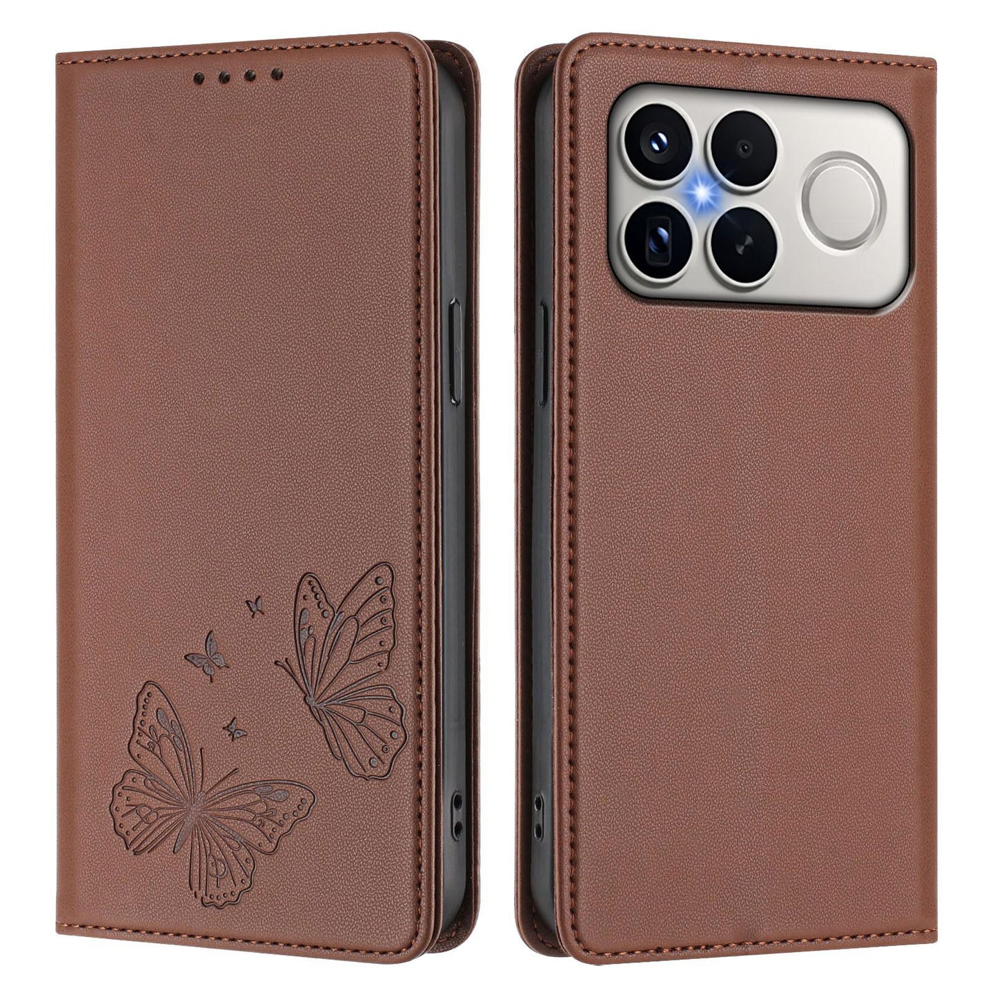 For Xiaomi Poco F8 Ultra 5G / Redmi K90 Pro Max Strong Magnetic Dual Butterfly RFID Vegan Leather Phone Case(Brown)
