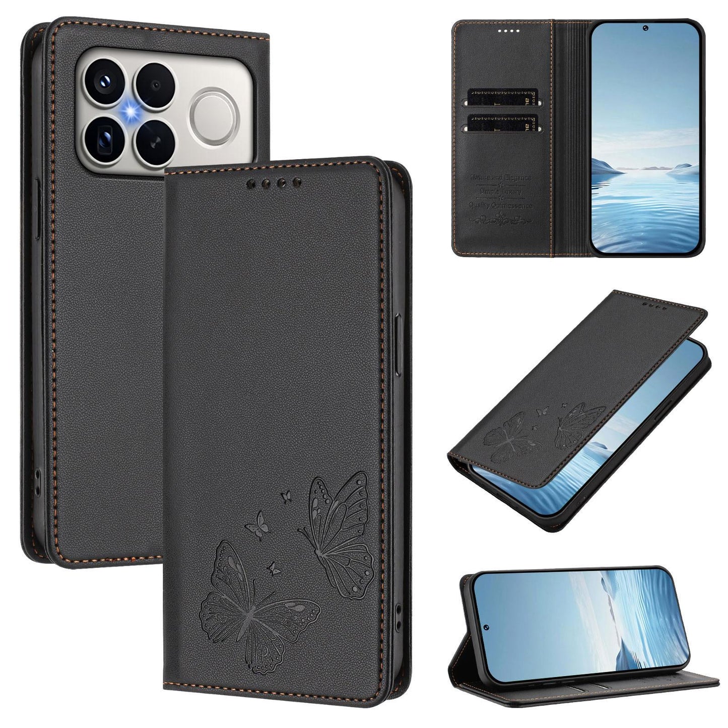For Xiaomi Poco F8 Ultra 5G / Redmi K90 Pro Max Strong Magnetic Dual Butterfly RFID Vegan Leather Phone Case(Black)