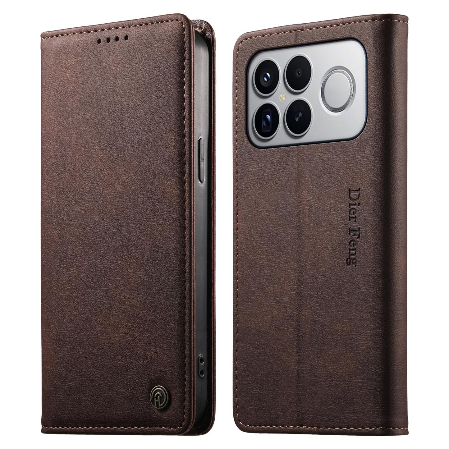 For Redmi K90 Pro Max / Poco F8 Ultra Dierfeng Metal Snap Magnetic RFID Vegan Leather Phone Case(Dark Brown)