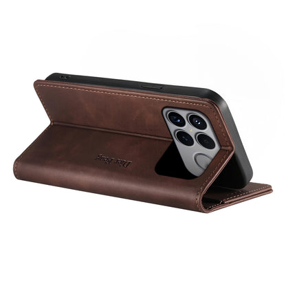 For Redmi K90 Pro Max / Poco F8 Ultra Dierfeng Metal Snap Magnetic RFID Vegan Leather Phone Case(Dark Brown)