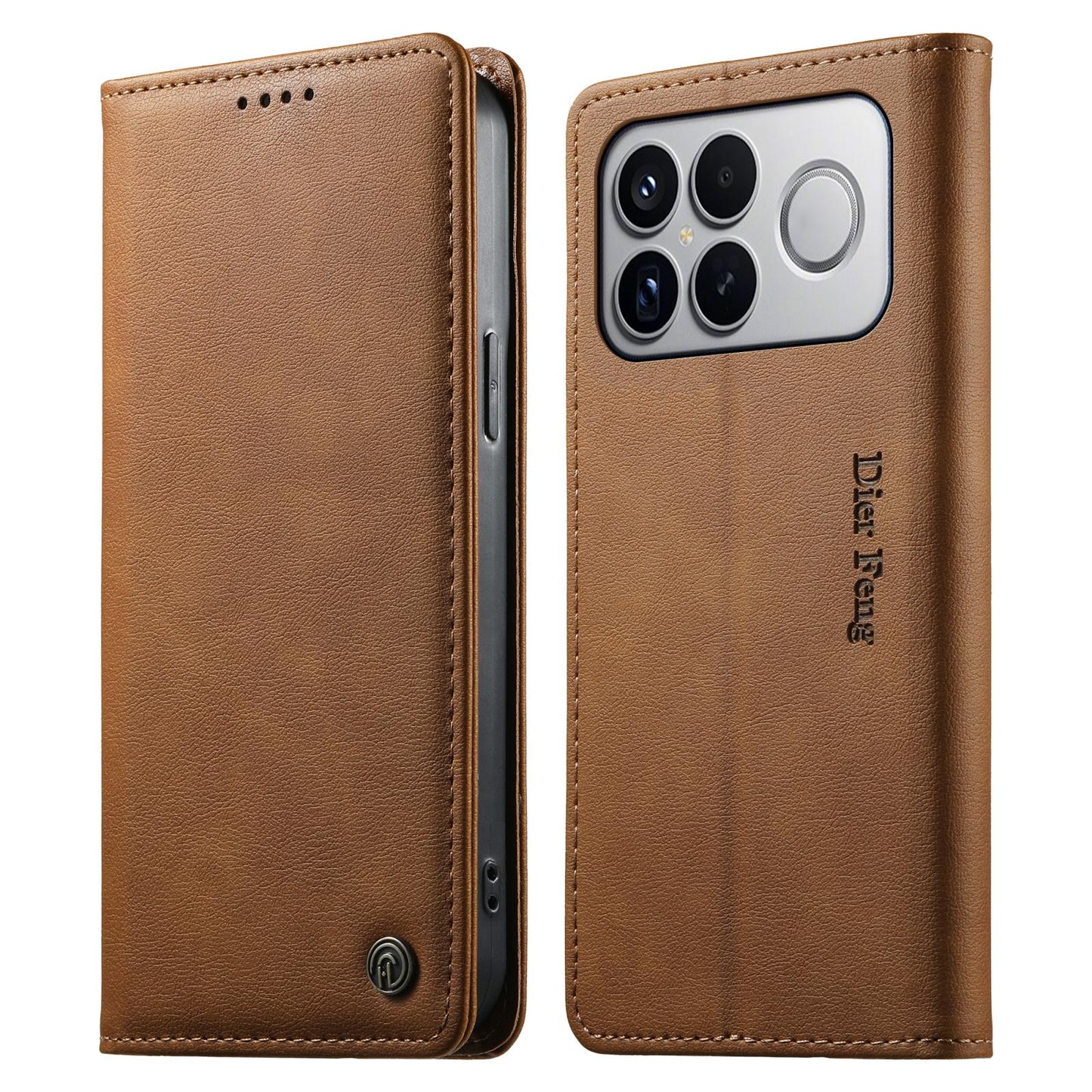 For Redmi K90 Pro Max / Poco F8 Ultra Dierfeng Metal Snap Magnetic RFID Vegan Leather Phone Case(Light Brown)