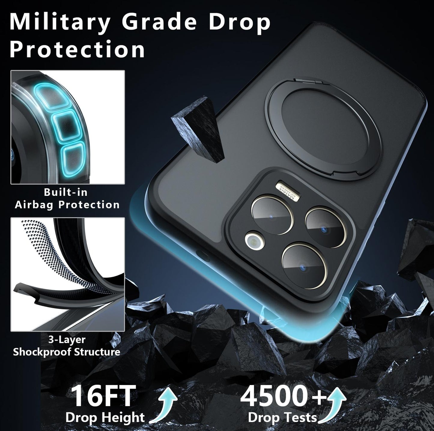 For Realme 15T 5G Armor Magnetic Holder PC Hybrid TPU Phone Case(Frosted Black)