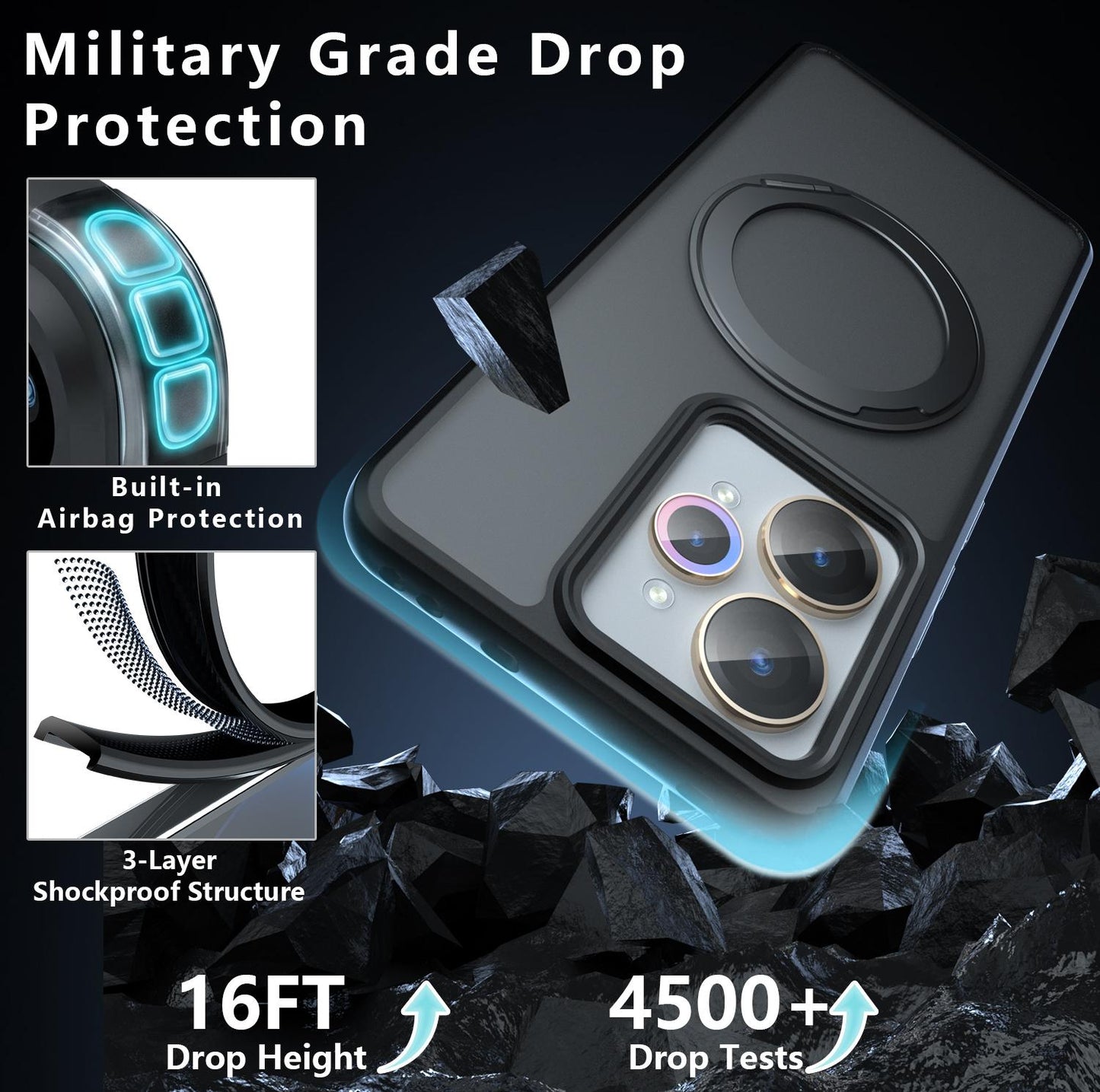 For Realme 15 / 15 Pro Armor Magnetic Holder PC Hybrid TPU Phone Case(Frosted Black)