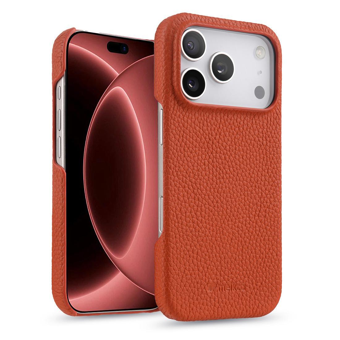 For iPhone 18 Pro Max melkco Litchi Texture Magnetic Half Coverage Genuine Leather Phone Case - Orange - EDA009215515A