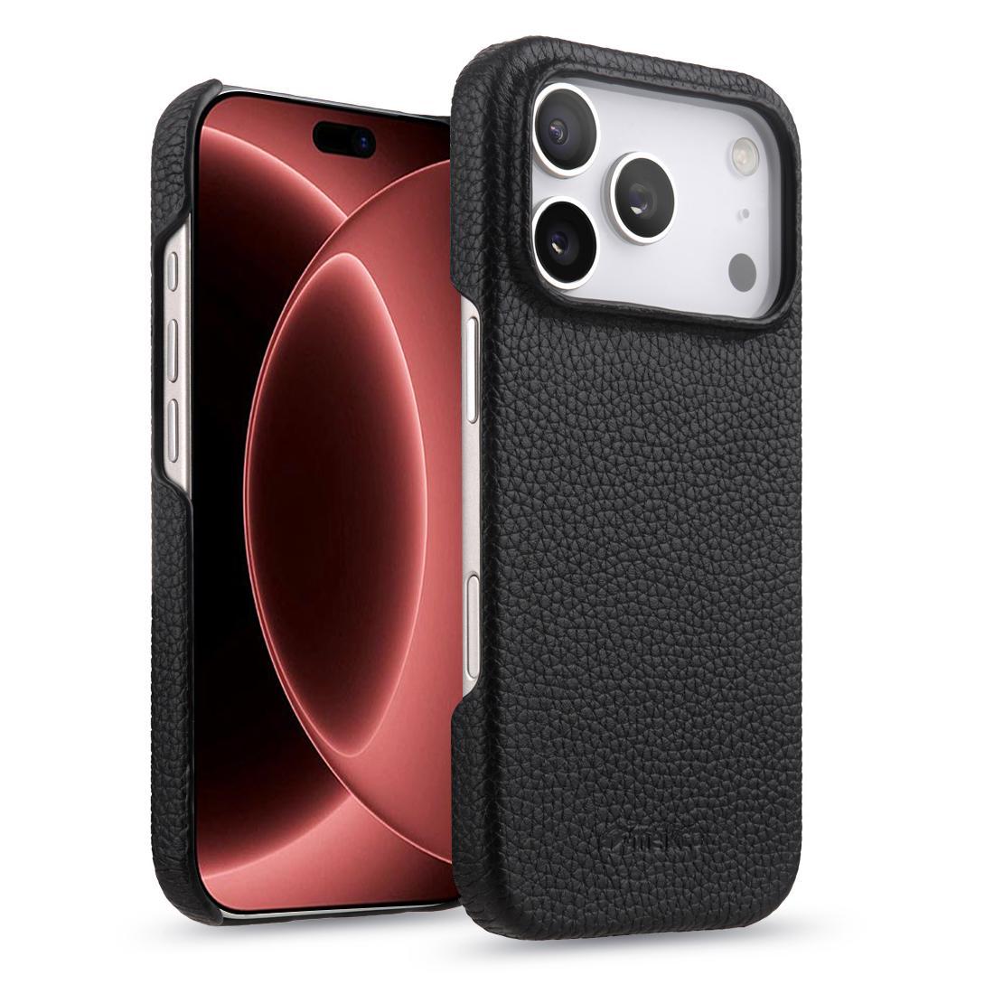 For iPhone 18 Pro melkco Litchi Texture Magnetic Half Coverage Genuine Leather Phone Case - Black - EDA009215516B