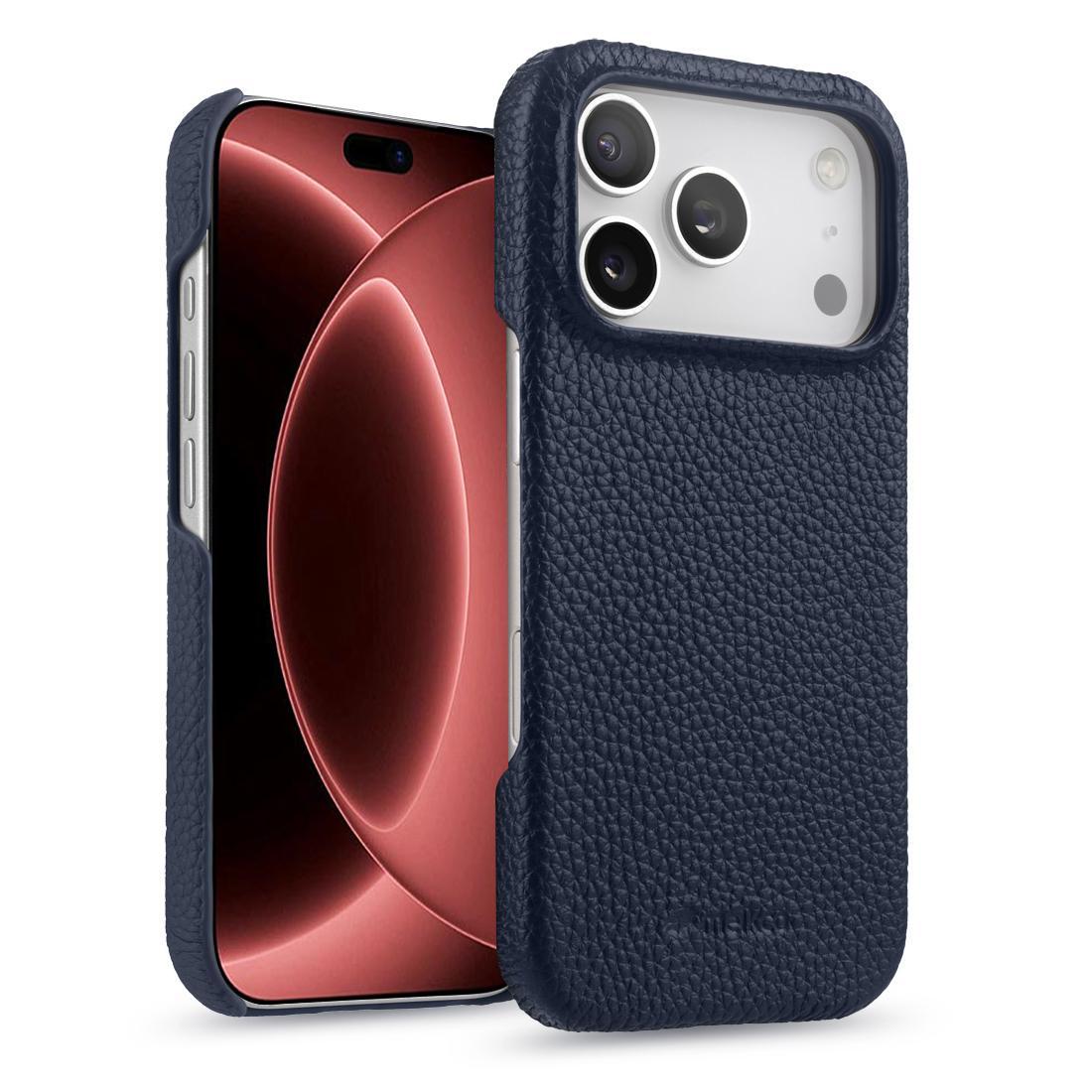 For iPhone 18 Pro melkco Litchi Texture Magnetic Half Coverage Genuine Leather Phone Case - Dark Blue - EDA009215516E