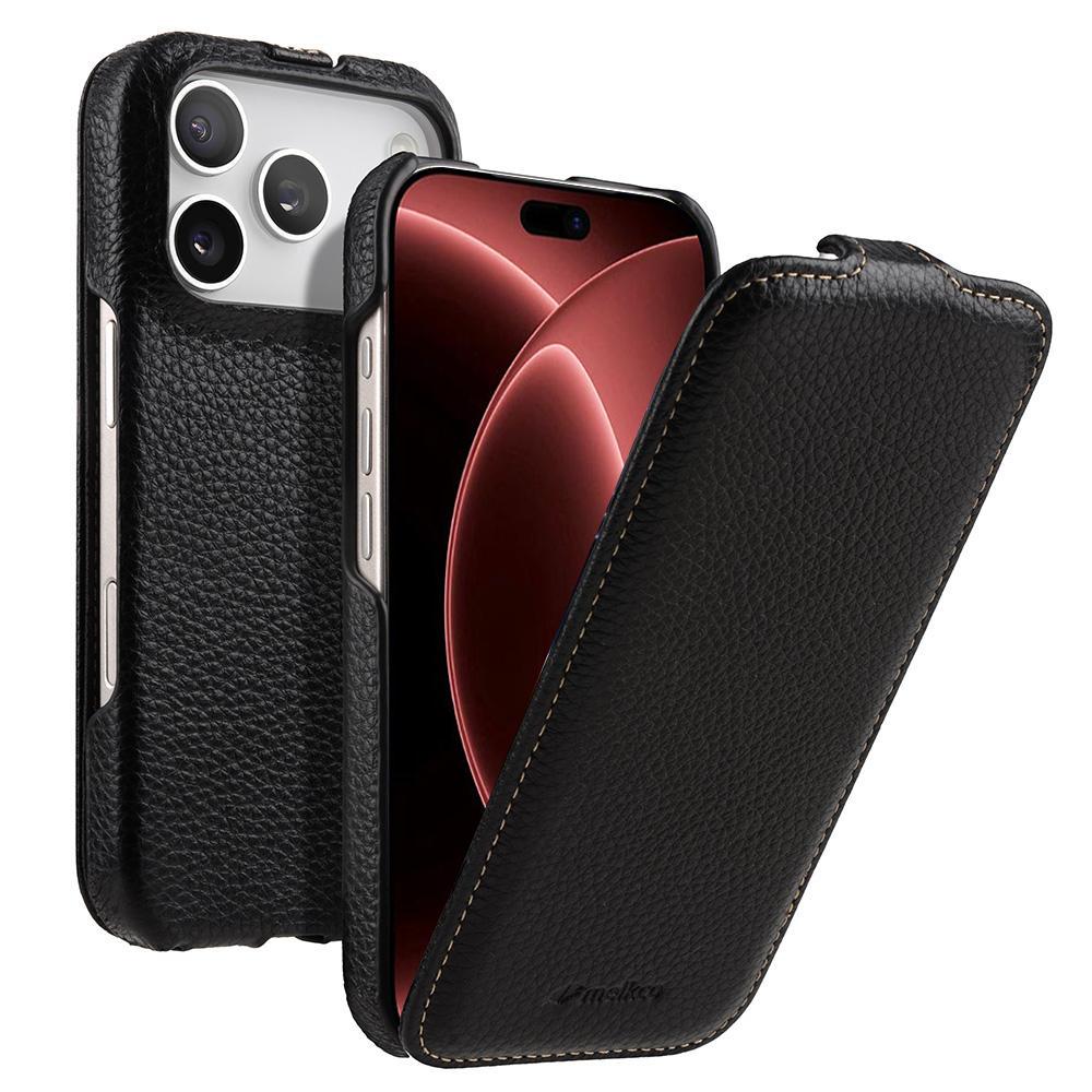 For iPhone 18 Pro Max melkco Litchi Texture Vertical Flip Magnetic Genuine Leather Phone Case - Black - EDA009216705B