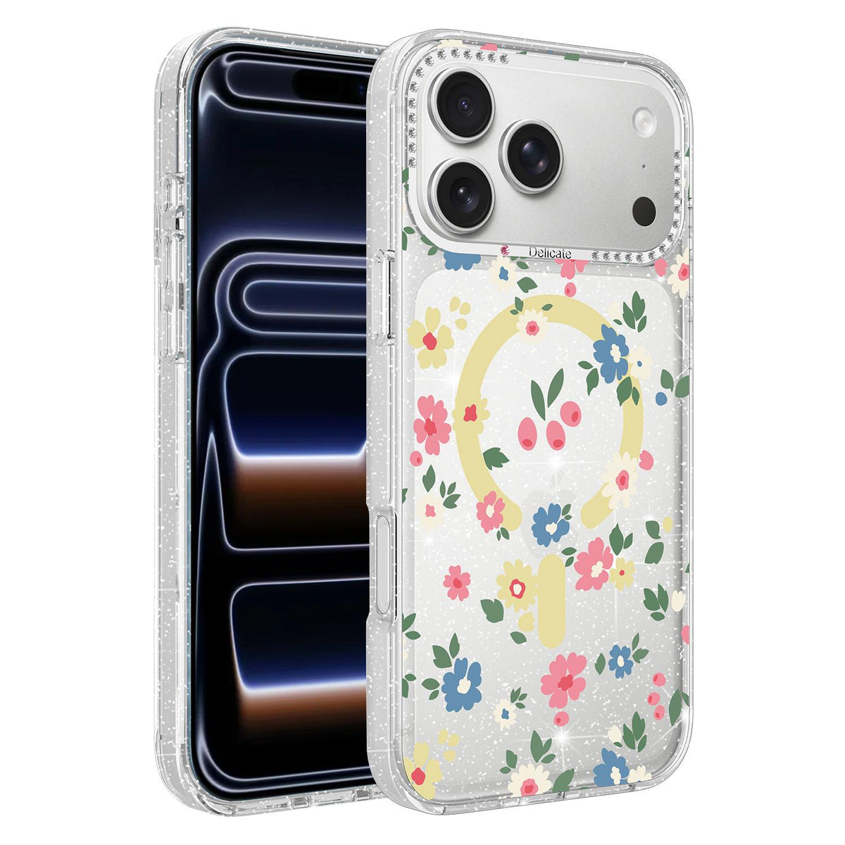 For iPhone 18 Pro Flower Pattern IMD Glitter Magnetic Phone Case - Rainbow Flower Field - EDA009236010B