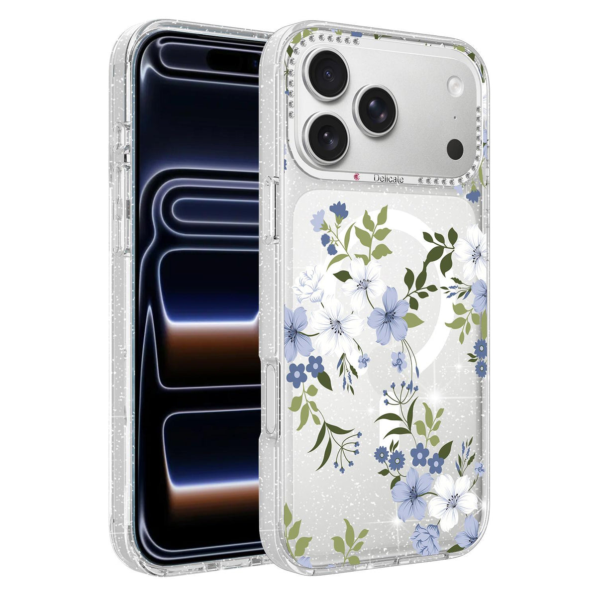 For iPhone 18 Pro Flower Pattern IMD Glitter Magnetic Phone Case - Bluebell Flower - EDA009236010C