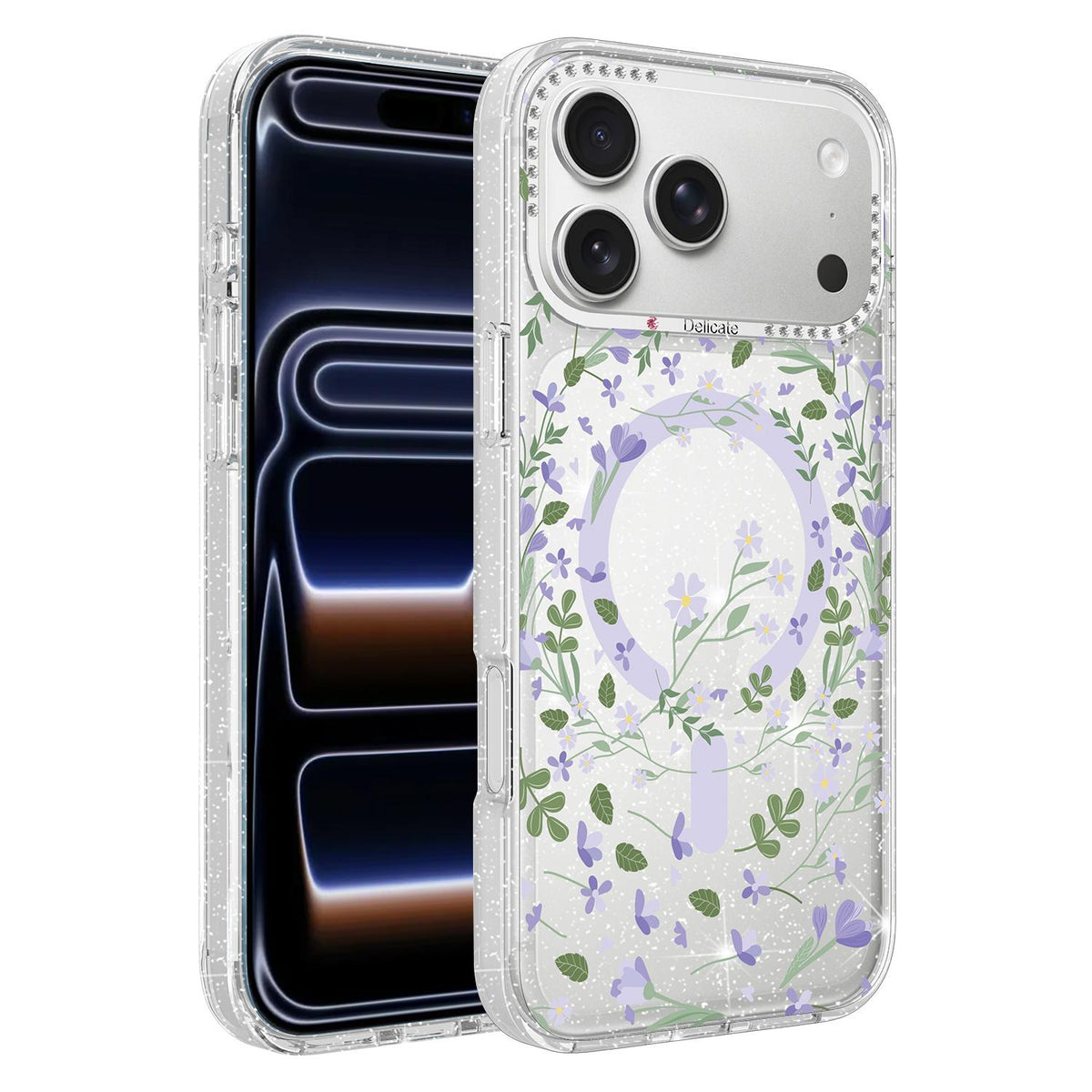 For iPhone 18 Pro Flower Pattern IMD Glitter Magnetic Phone Case - Purple Ivy - EDA009236010D