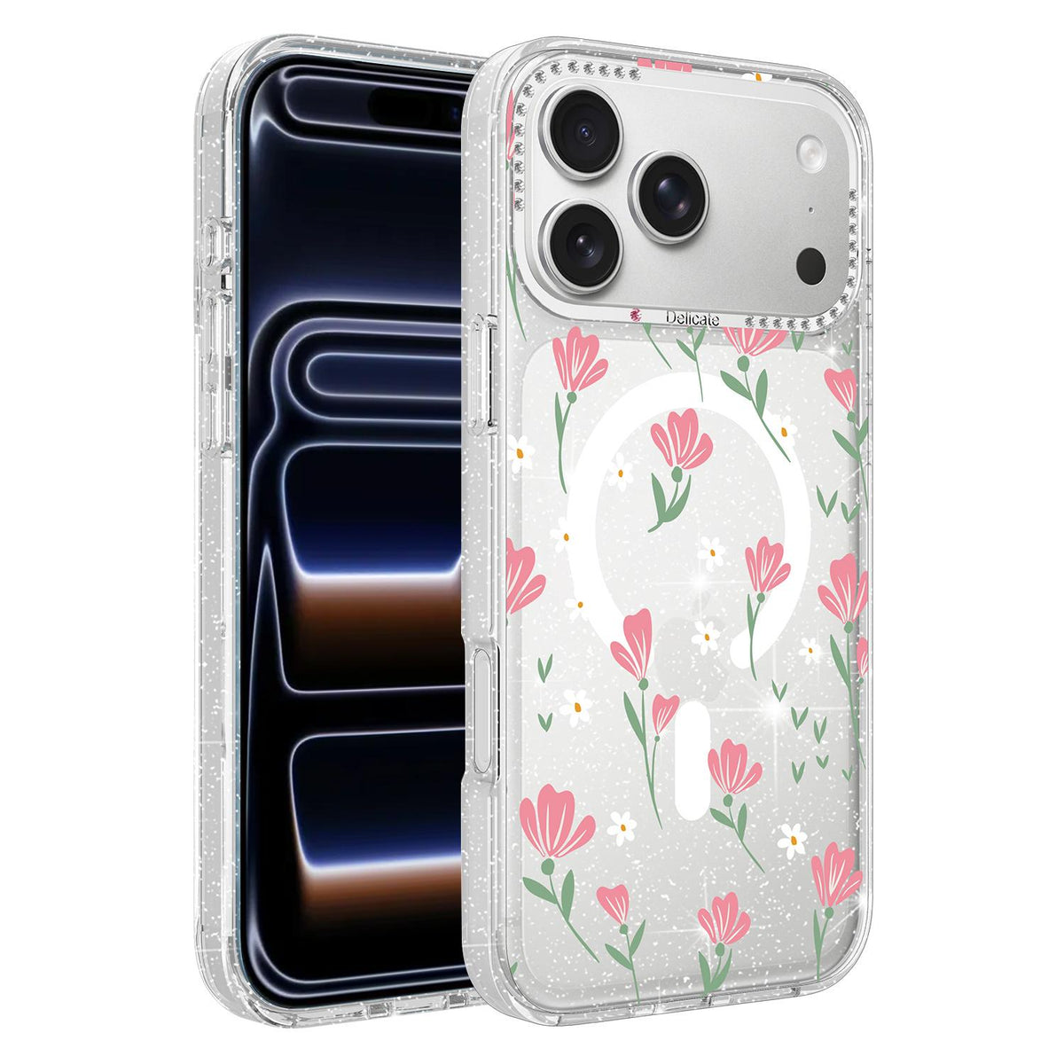 For iPhone 18 Pro Flower Pattern IMD Glitter Magnetic Phone Case - Cherry Blossom Bouquet - EDA009236010E