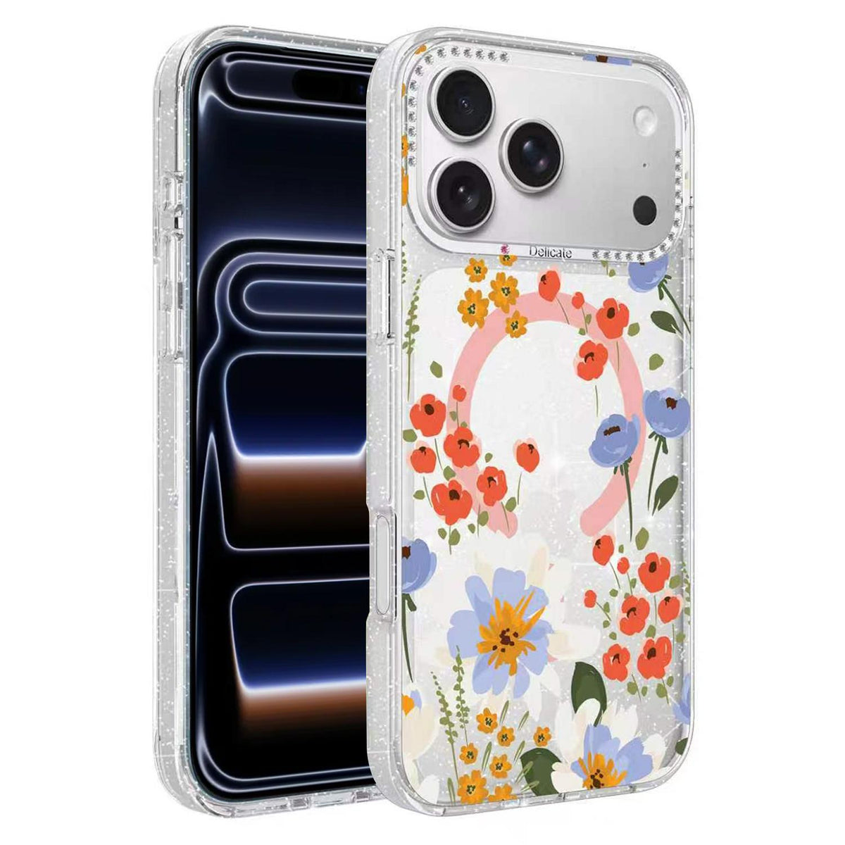 For iPhone 18 Pro Flower Pattern IMD Glitter Magnetic Phone Case - Warm Orange Blossom - EDA009236010F