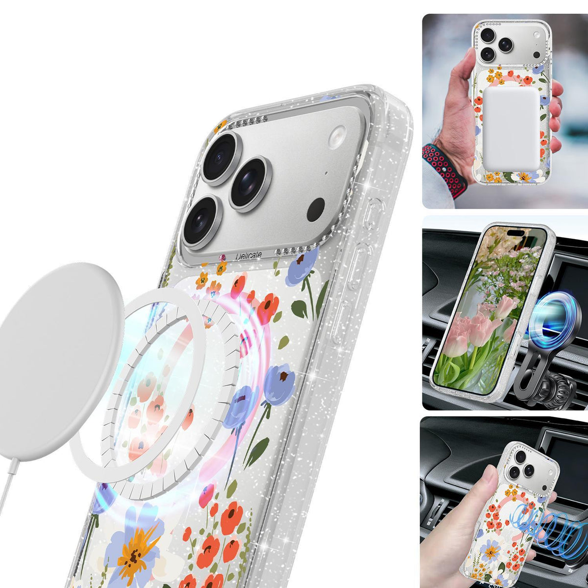 For iPhone 18 Pro Flower Pattern IMD Glitter Magnetic Phone Case - Warm Orange Blossom - EDA009236010F