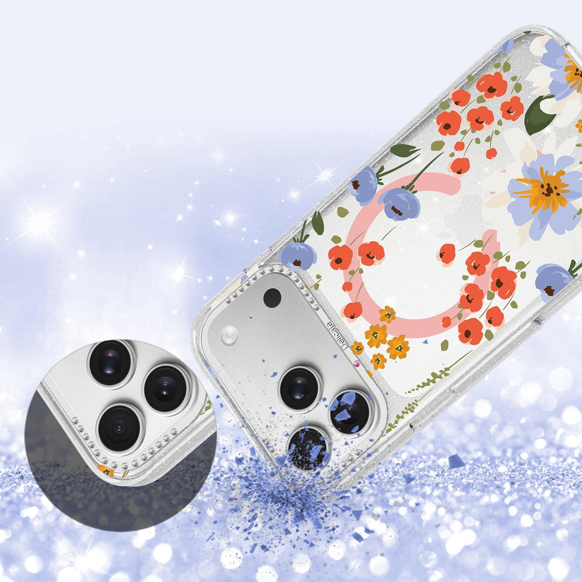 For iPhone 18 Pro Flower Pattern IMD Glitter Magnetic Phone Case - Warm Orange Blossom - EDA009236010F