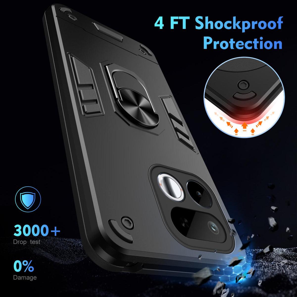 For Realme 16T 5G Shockproof Metal Ring Holder Phone Case - Black - EDA009286103A