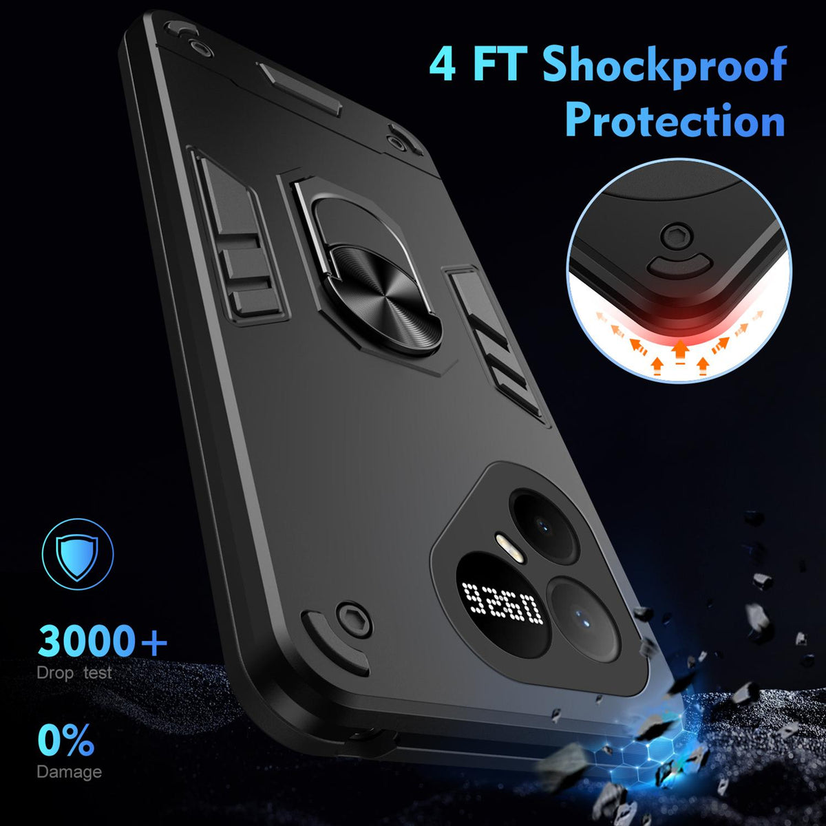 For Tecno Pova 8 5G Shockproof Metal Ring Holder Phone Case - Black - EDA009286207A