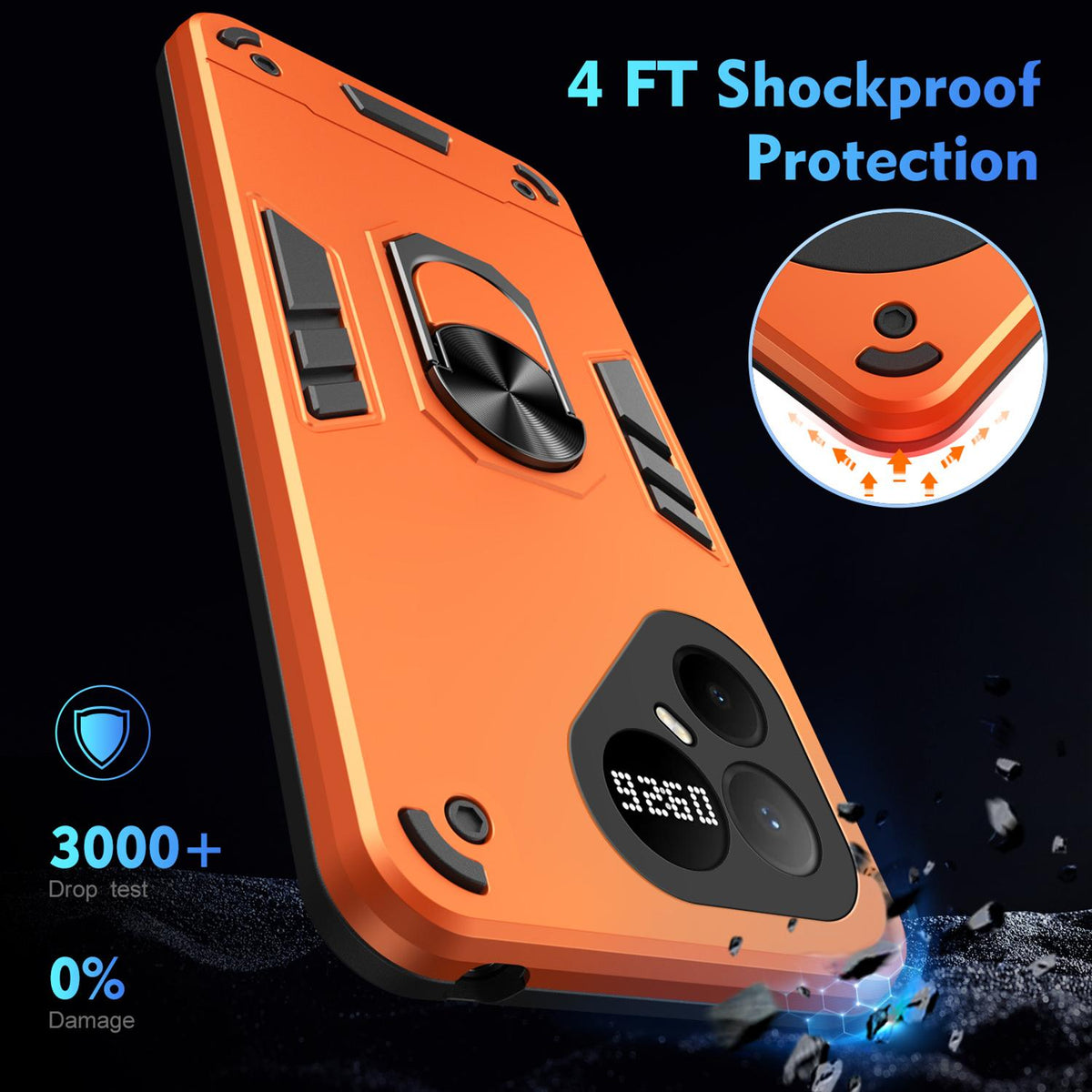 For Tecno Pova 8 5G Shockproof Metal Ring Holder Phone Case - Orange - EDA009286207D