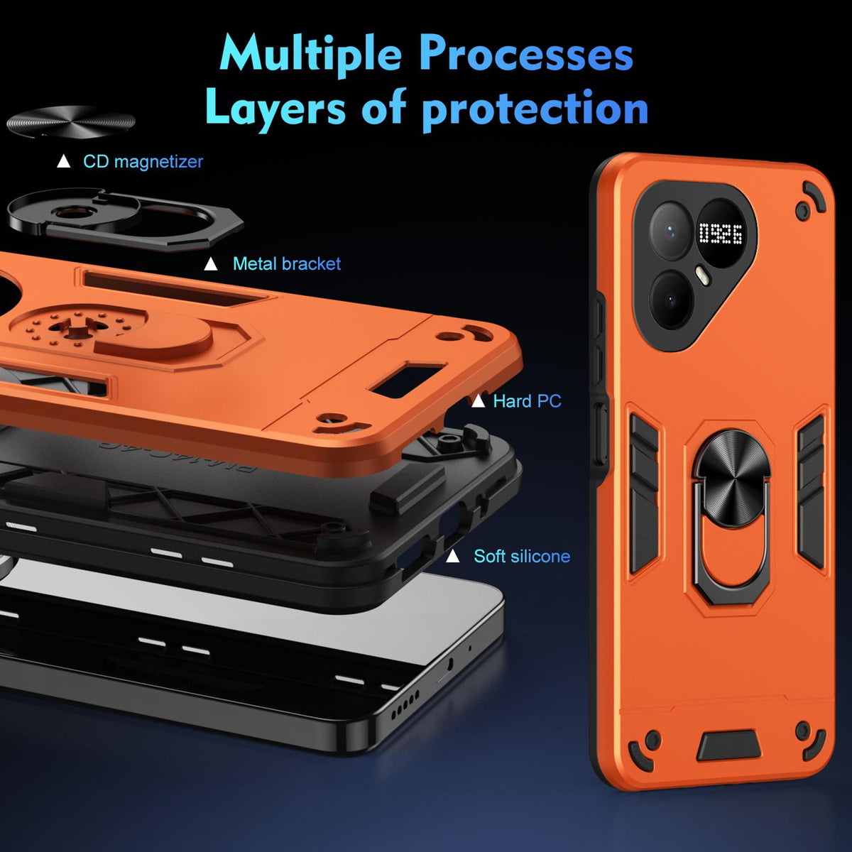 For Tecno Pova 8 5G Shockproof Metal Ring Holder Phone Case - Orange - EDA009286207D
