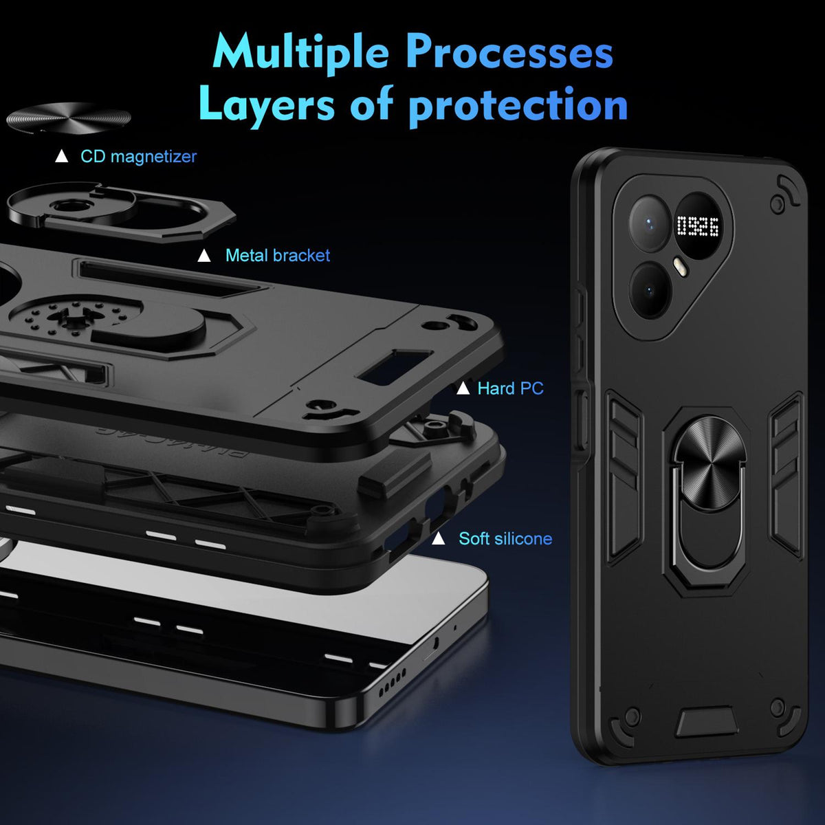 For Tecno Pova 8 Pro Shockproof Metal Ring Holder Phone Case - Black - EDA009286208A