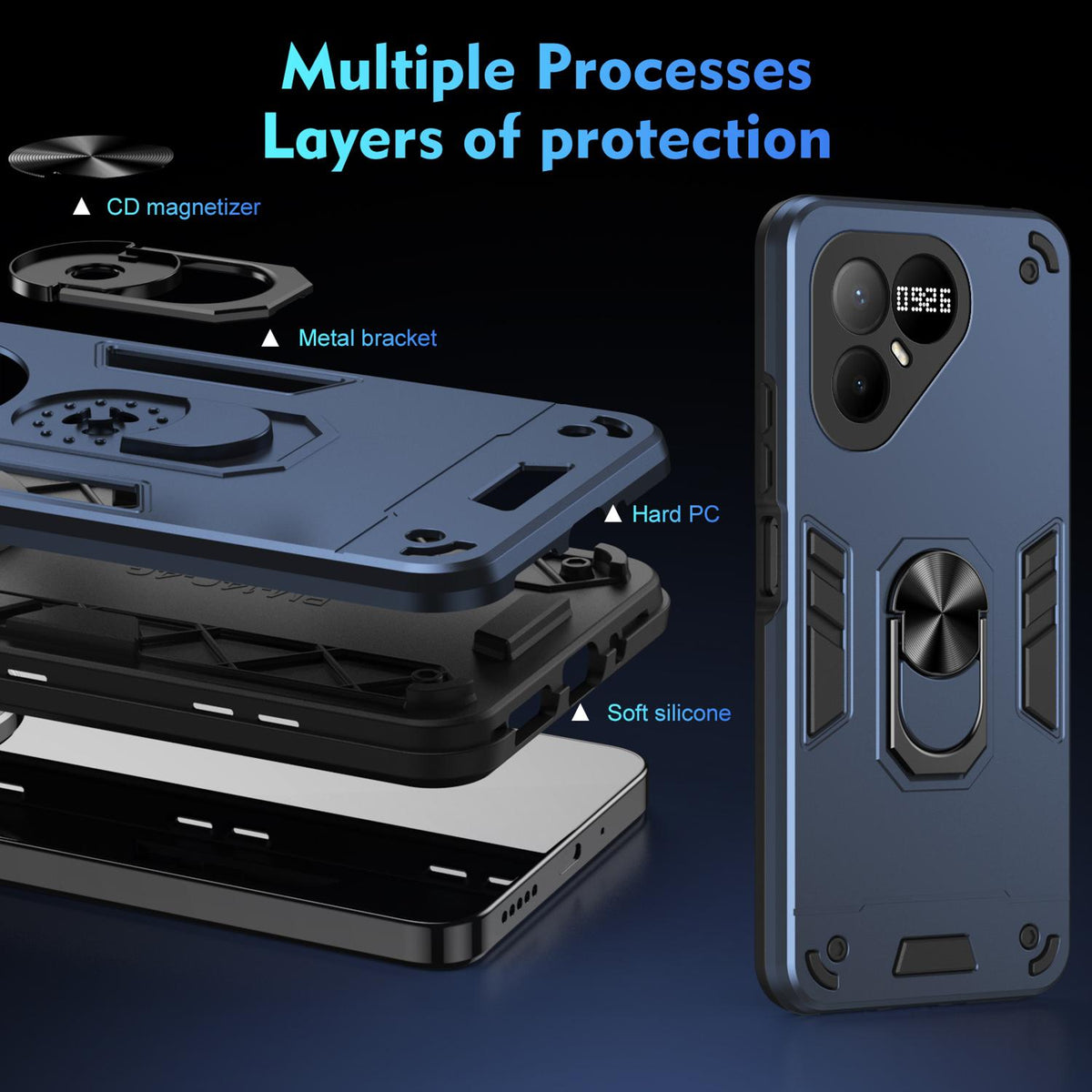 For Tecno Pova 8 Pro Shockproof Metal Ring Holder Phone Case - Blue - EDA009286208B