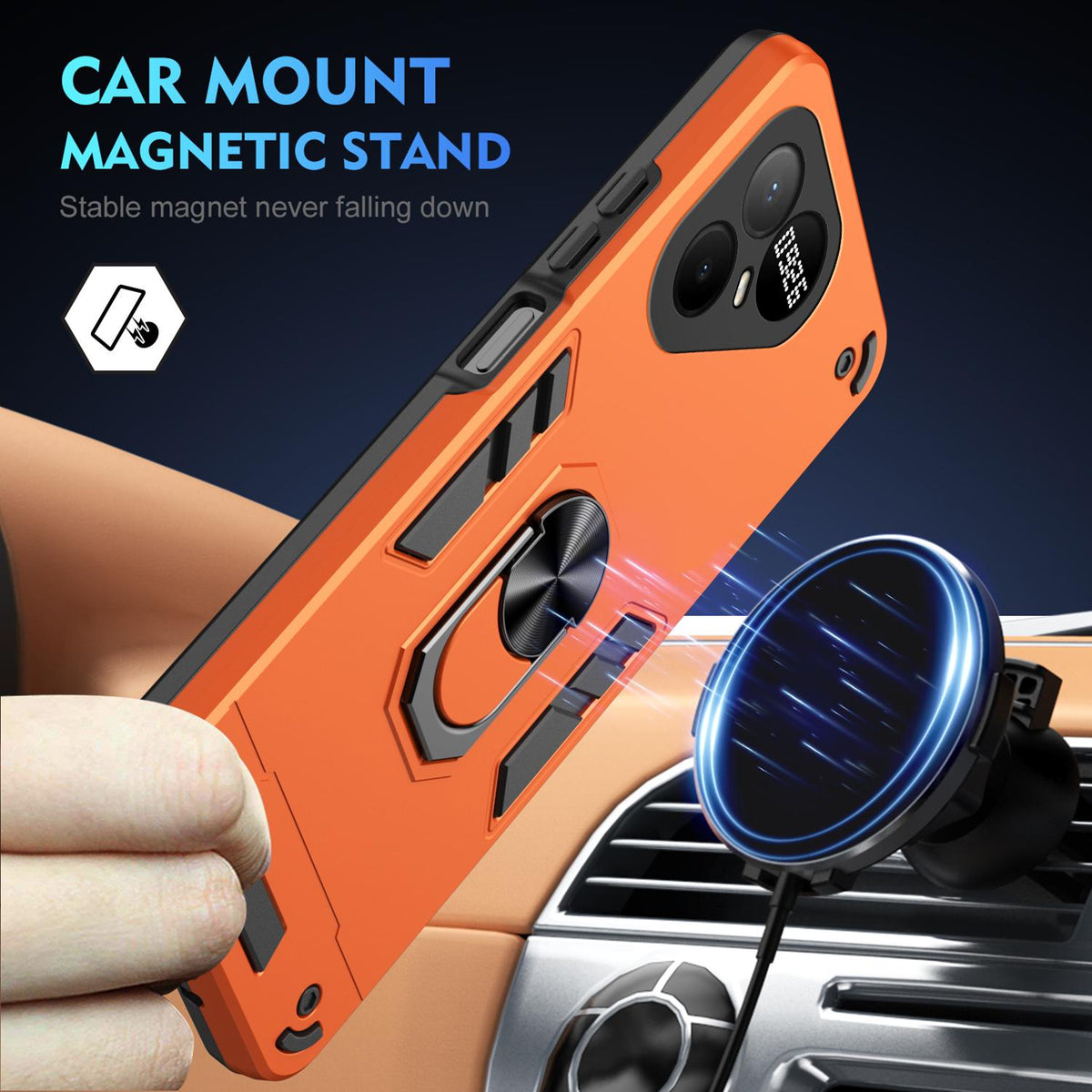 For Tecno Pova 8 Pro Shockproof Metal Ring Holder Phone Case - Orange - EDA009286208D