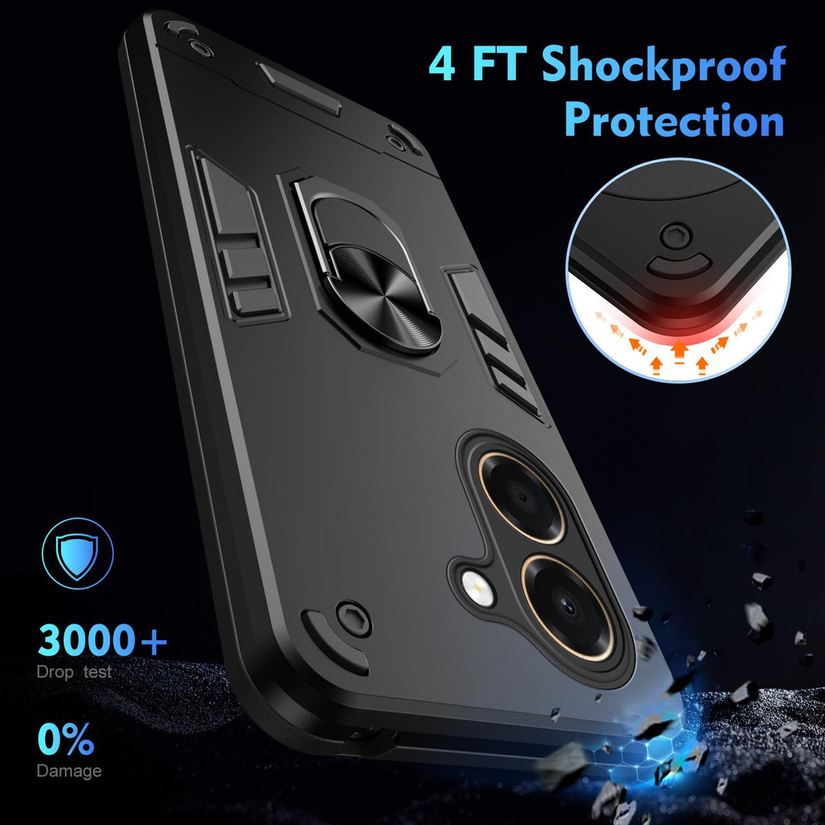 For Honor X7e 4G Shockproof Metal Ring Holder Phone Case - Black - EDA009286606A