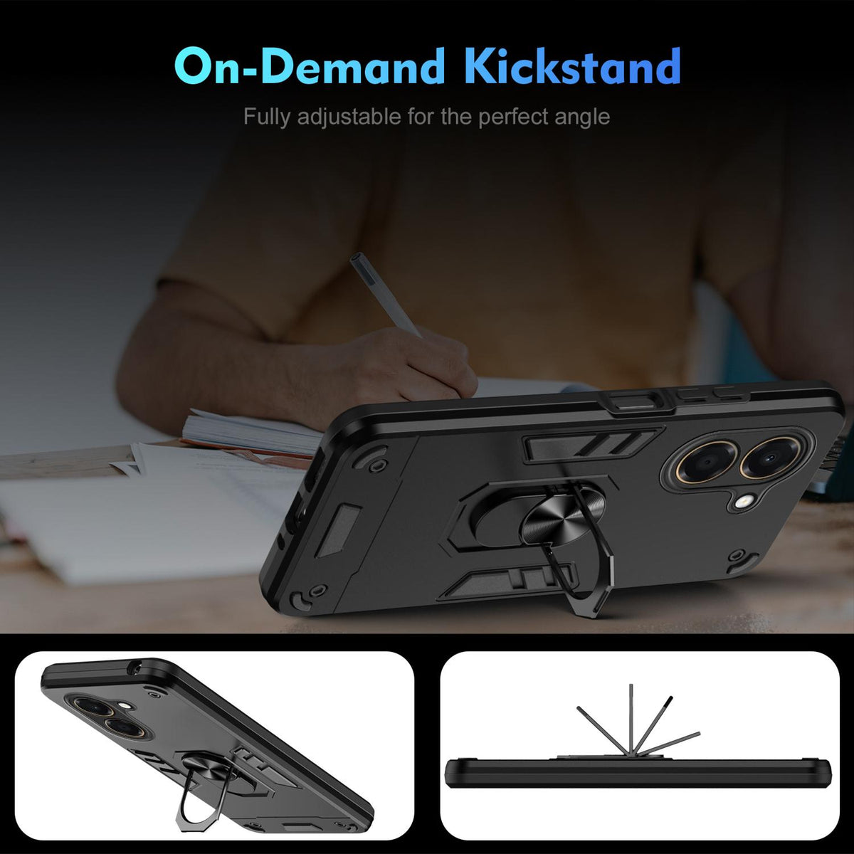 For Honor X7e 4G Shockproof Metal Ring Holder Phone Case - Black - EDA009286606A