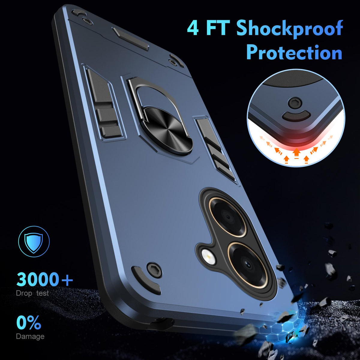 For Honor X7e 4G Shockproof Metal Ring Holder Phone Case - Blue - EDA009286606B