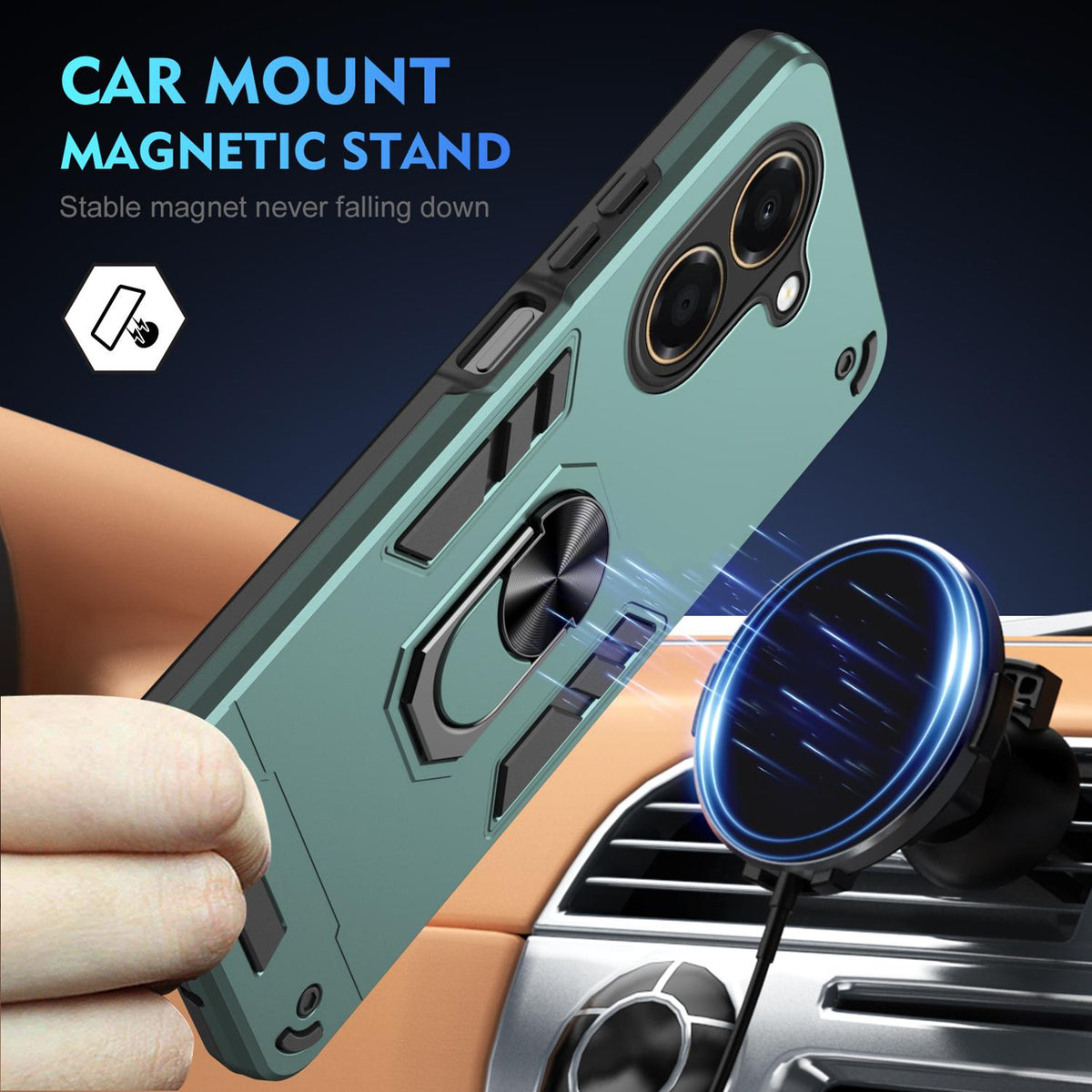For Honor X7e 4G Shockproof Metal Ring Holder Phone Case - Green - EDA009286606C