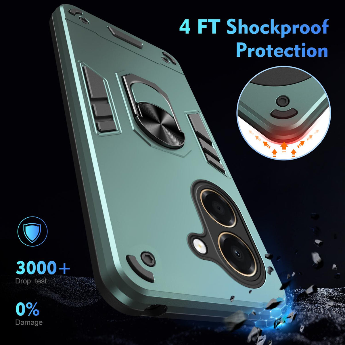 For Honor X7e 4G Shockproof Metal Ring Holder Phone Case - Green - EDA009286606C