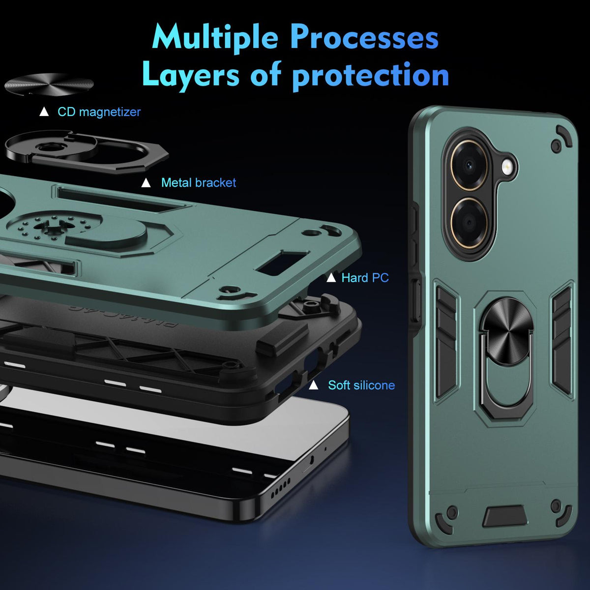 For Honor X7e 4G Shockproof Metal Ring Holder Phone Case - Green - EDA009286606C