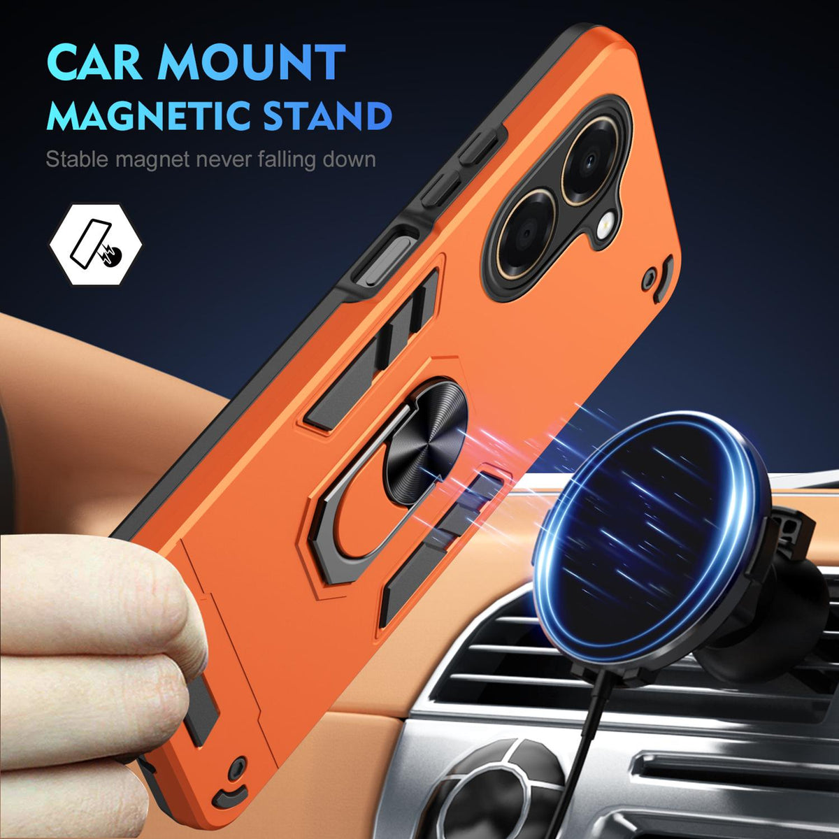 For Honor X7e 4G Shockproof Metal Ring Holder Phone Case - Orange - EDA009286606D