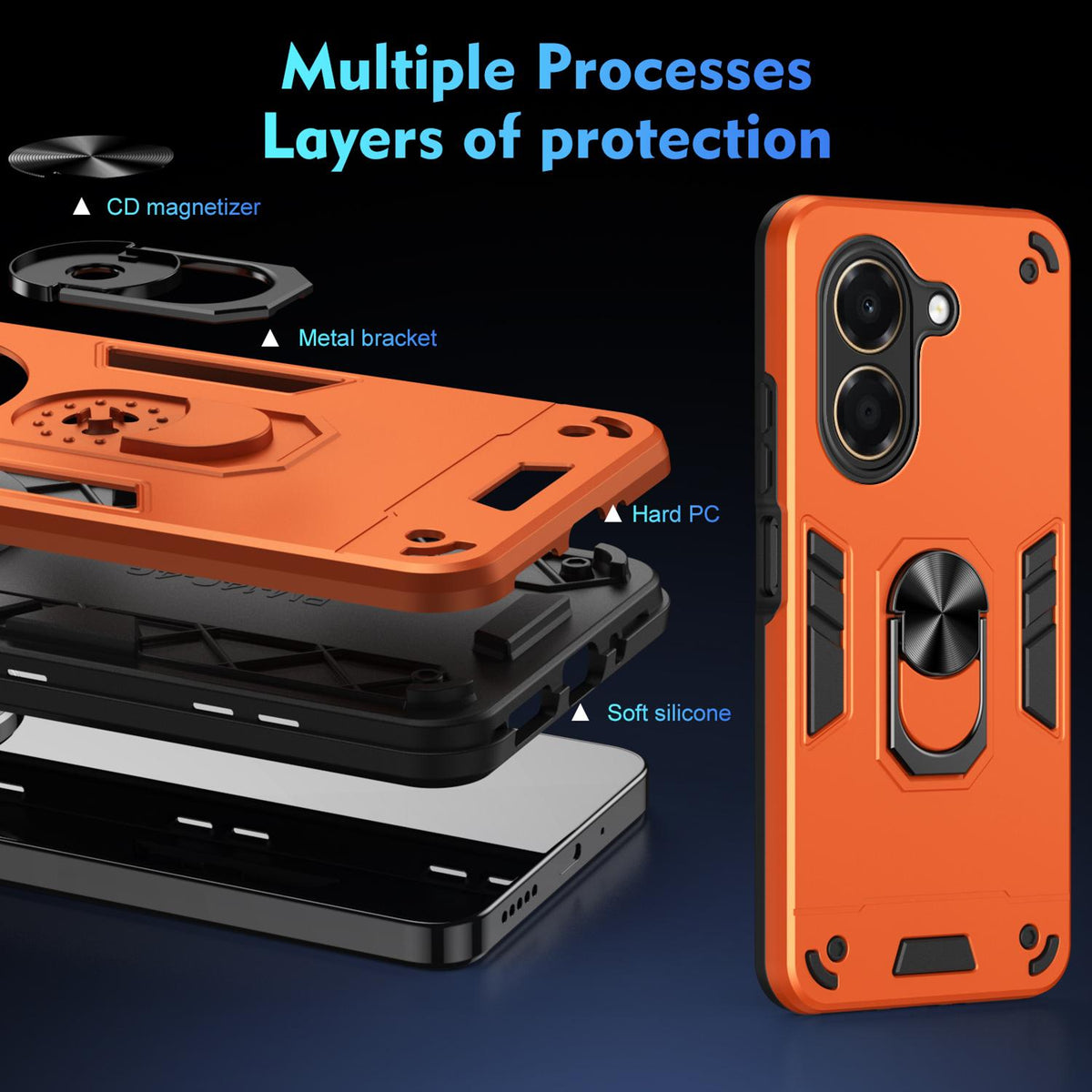 For Honor X7e 4G Shockproof Metal Ring Holder Phone Case - Orange - EDA009286606D