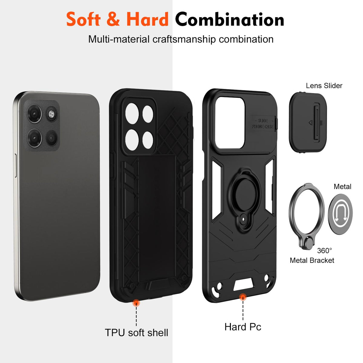 For Motorola Moto G17 Power 4G / G17 4G Camshield Ring Holder Phone Case - Black - EDA009289107B
