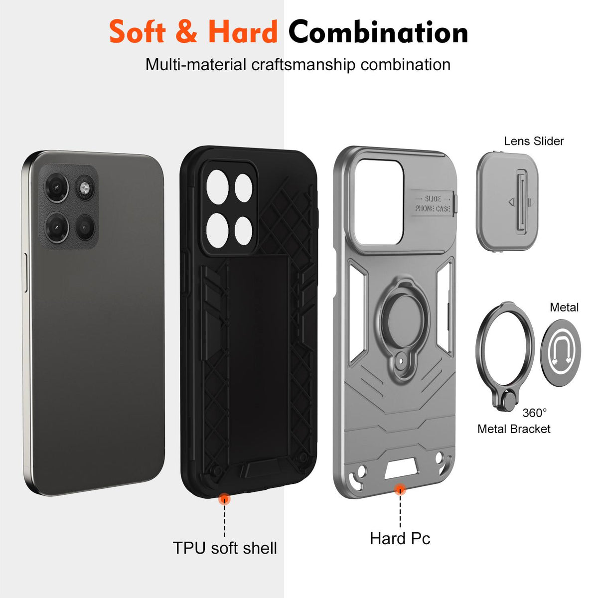 For Motorola Moto G17 Power 4G / G17 4G Camshield Ring Holder Phone Case - Grey - EDA009289107C