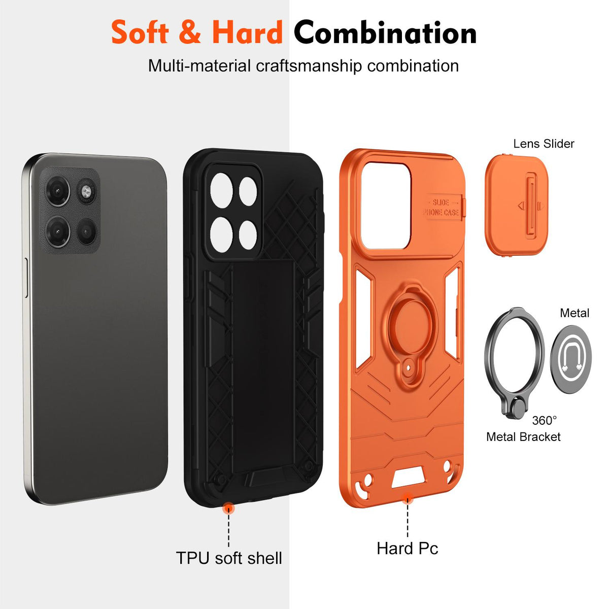 For Motorola Moto G17 Power 4G / G17 4G Camshield Ring Holder Phone Case - Orange - EDA009289107D